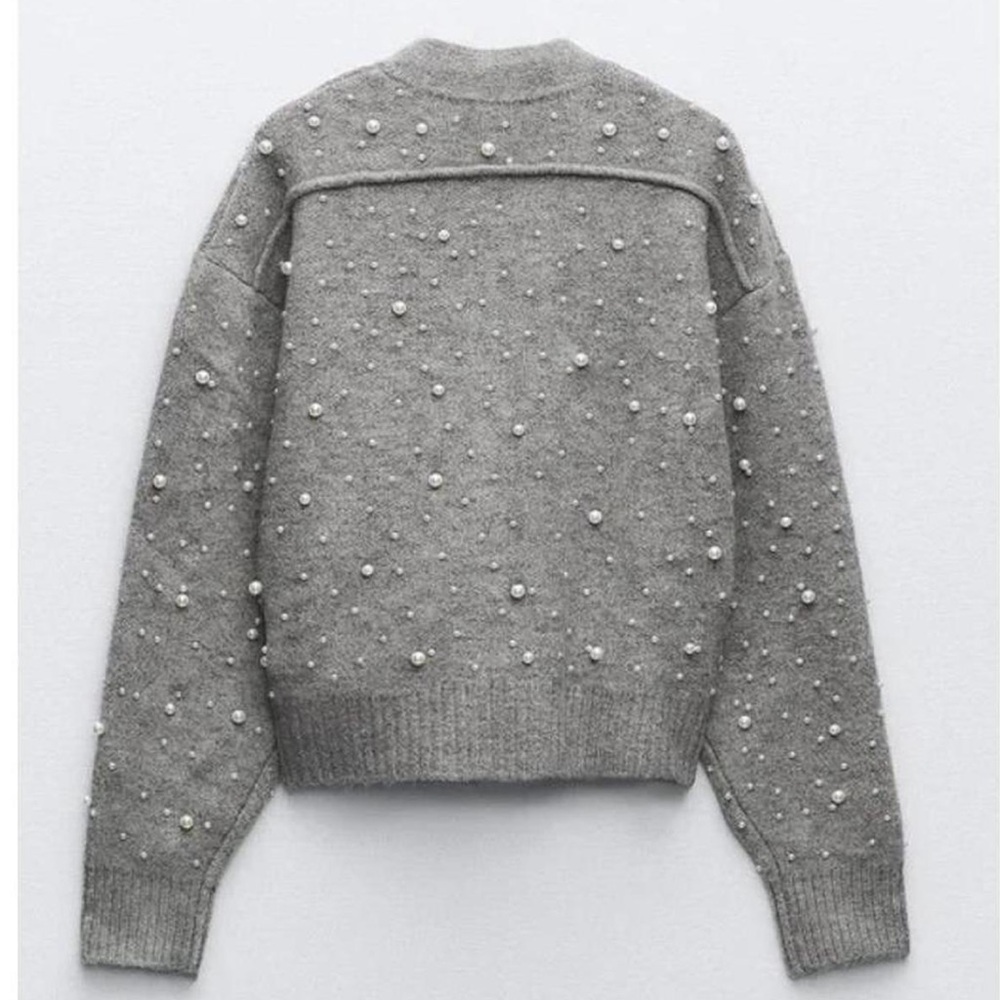 Zara Gray Pearl Embellished Cardigan - Picture 7 of 8